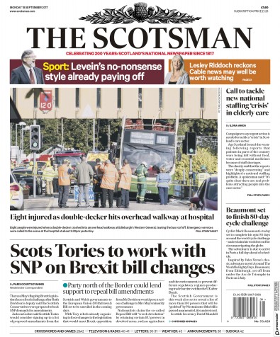 The Scotsman Newspaper Front Page for 18 September 2017