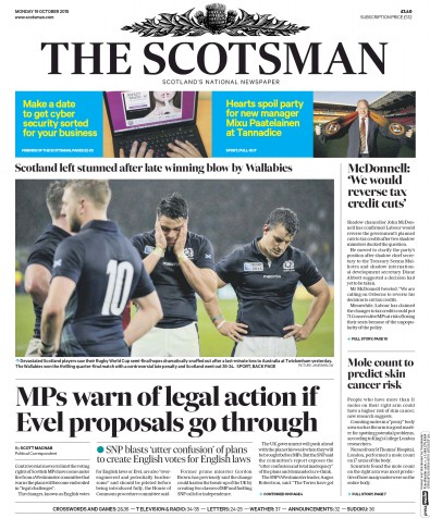 The Scotsman Newspaper Front Page for 19 October 2015