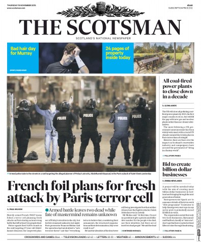 The Scotsman (UK) Newspaper Front Page for 19 November 2015