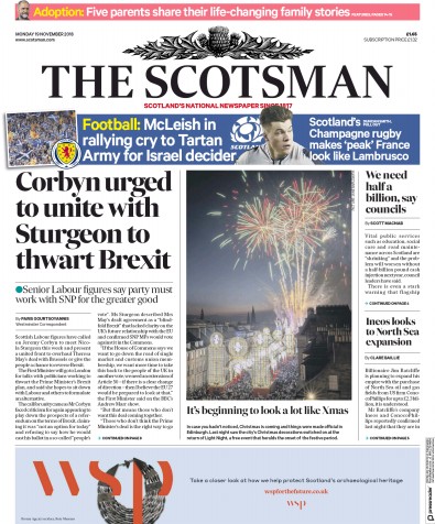 The Scotsman Newspaper Front Page for 19 November 2018