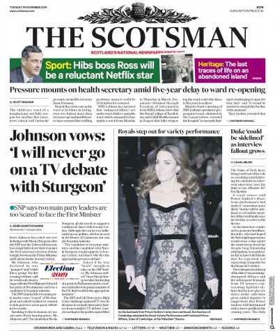 The Scotsman Newspaper Front Page for 19 November 2019