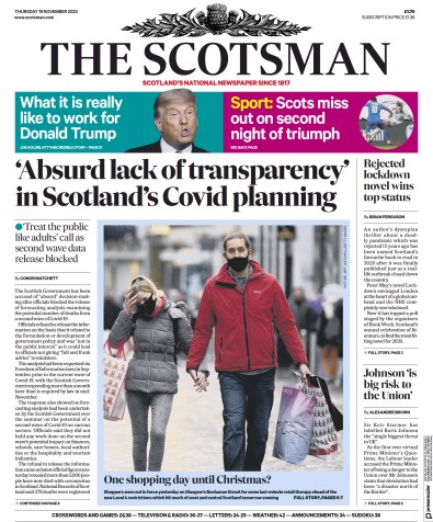 The Scotsman (UK) Newspaper Front Page for 19 November 2020