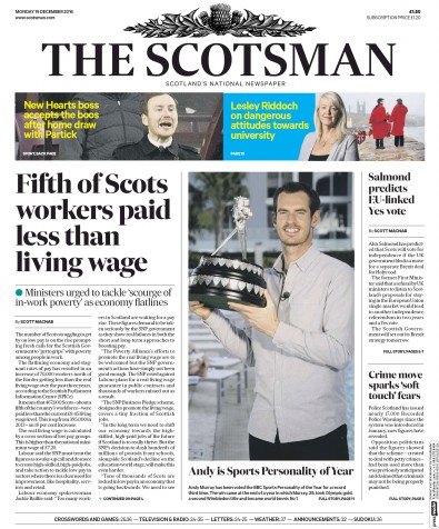The Scotsman Newspaper Front Page for 19 December 2016