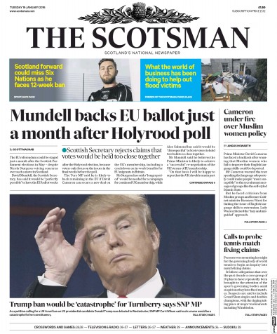 The Scotsman Newspaper Front Page for 19 January 2016