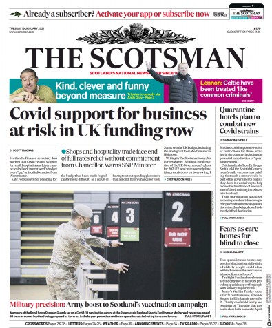 The Scotsman Newspaper Front Page for 19 January 2021