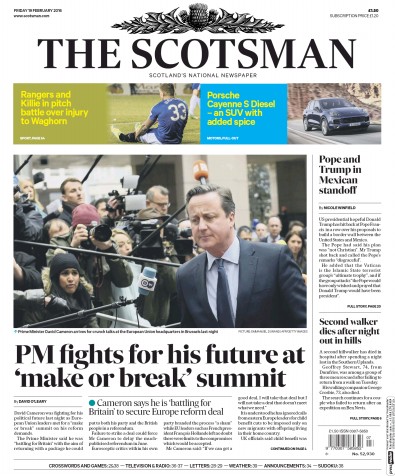 The Scotsman Newspaper Front Page for 19 February 2016