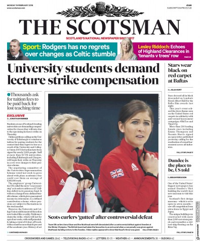 The Scotsman Newspaper Front Page for 19 February 2018