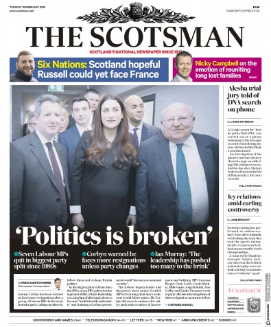 The Scotsman Newspaper Front Page for 19 February 2019