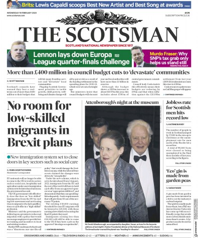 The Scotsman (UK) Newspaper Front Page for 19 February 2020