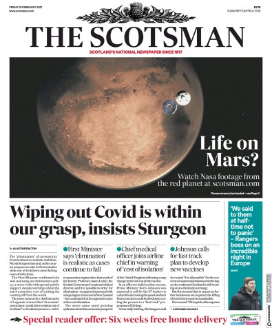 The Scotsman Newspaper Front Page for 19 February 2021