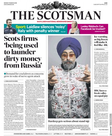 The Scotsman Newspaper Front Page for 19 March 2018
