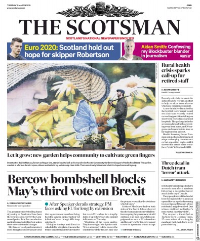 The Scotsman Newspaper Front Page for 19 March 2019