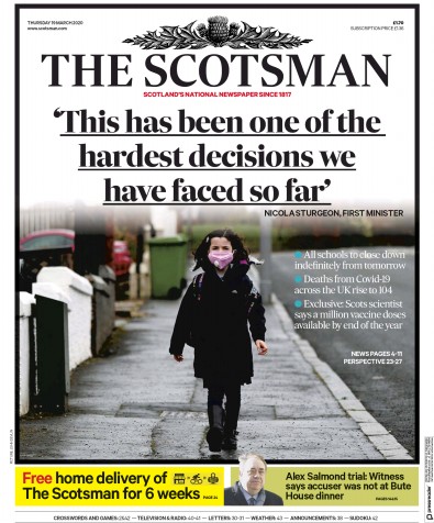 The Scotsman Newspaper Front Page for 19 March 2020