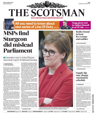 The Scotsman (UK) Newspaper Front Page for 19 March 2021