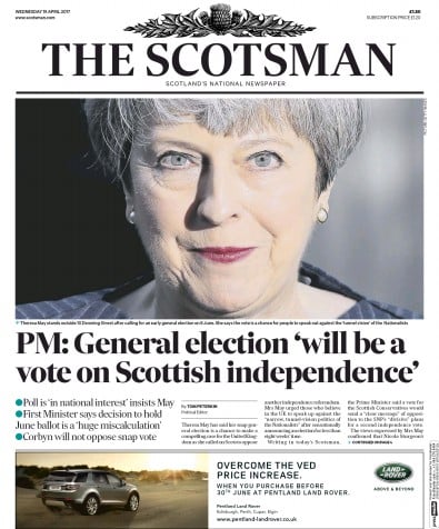 The Scotsman Newspaper Front Page for 19 April 2017