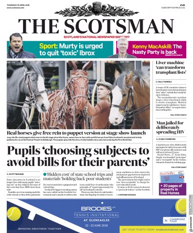 The Scotsman Newspaper Front Page for 19 April 2018