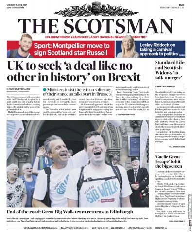 The Scotsman Newspaper Front Page for 19 June 2017