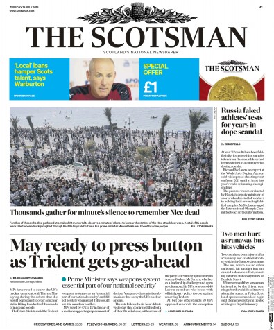 The Scotsman Newspaper Front Page for 19 July 2016