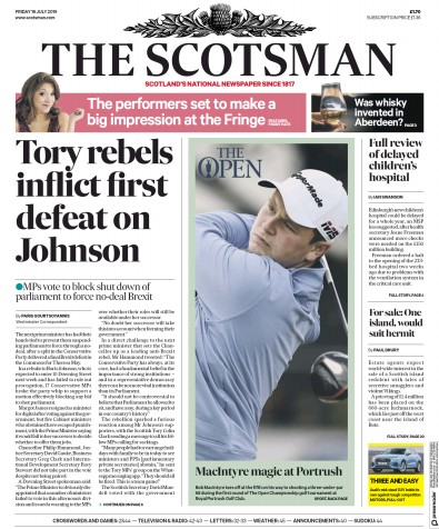 The Scotsman Newspaper Front Page for 19 July 2019
