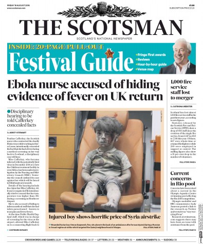 The Scotsman Newspaper Front Page for 19 August 2016