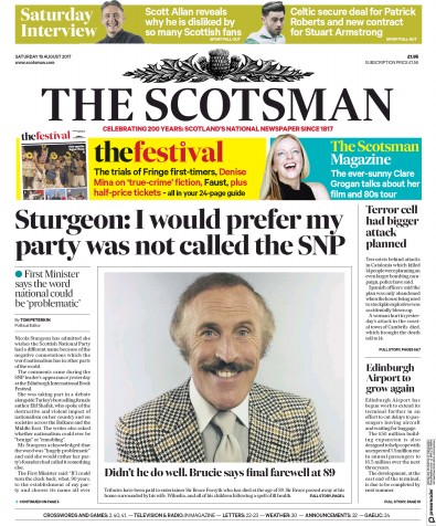 The Scotsman Newspaper Front Page for 19 August 2017