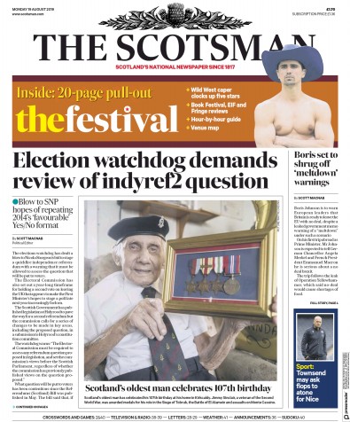 The Scotsman Newspaper Front Page for 19 August 2019