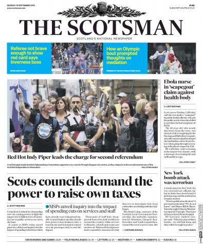 The Scotsman Newspaper Front Page for 19 September 2016