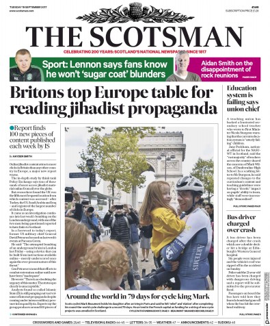 The Scotsman (UK) Newspaper Front Page for 19 September 2017