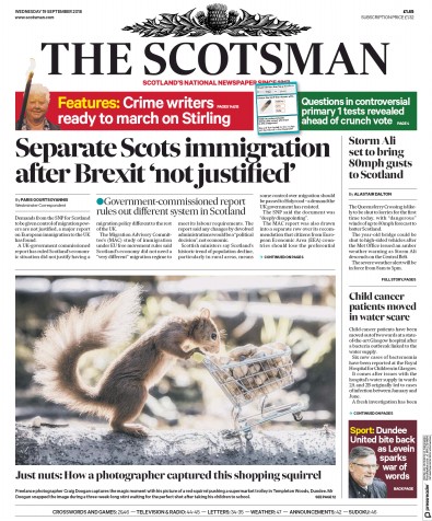 The Scotsman Newspaper Front Page for 19 September 2018