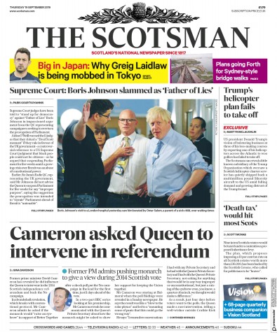 The Scotsman Newspaper Front Page for 19 September 2019