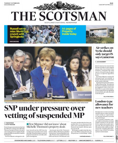 The Scotsman Newspaper Front Page for 1 October 2015