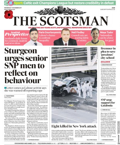 The Scotsman Newspaper Front Page for 1 November 2017