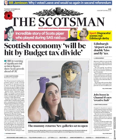 The Scotsman (UK) Newspaper Front Page for 1 November 2018