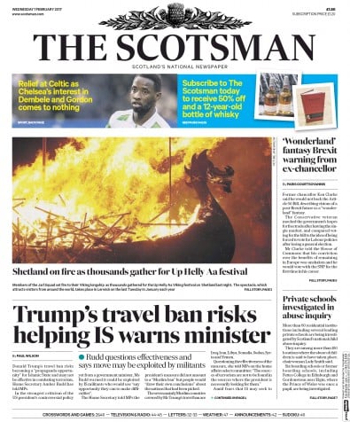 The Scotsman Newspaper Front Page for 1 February 2017