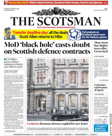 The Scotsman Newspaper Front Page for 1 February 2018