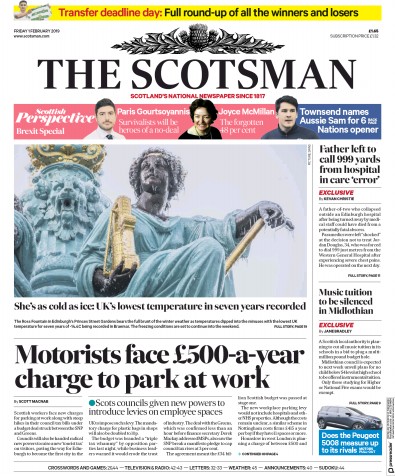 The Scotsman Newspaper Front Page for 1 February 2019