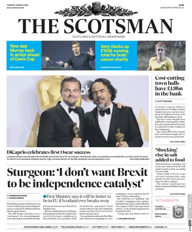 The Scotsman Newspaper Front Page for 1 March 2016