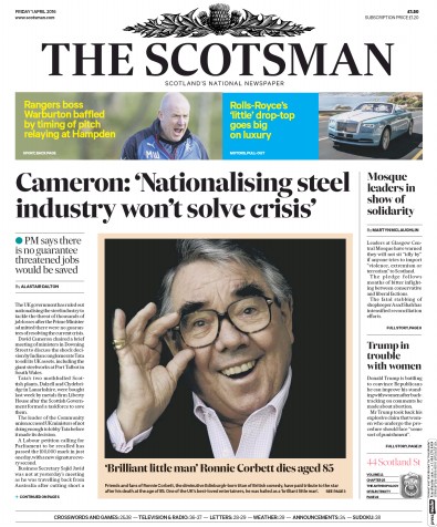 The Scotsman Newspaper Front Page for 1 April 2016