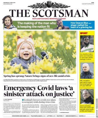The Scotsman (UK) Newspaper Front Page for 1 April 2020
