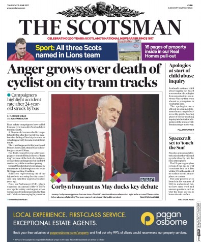 The Scotsman Newspaper Front Page for 1 June 2017