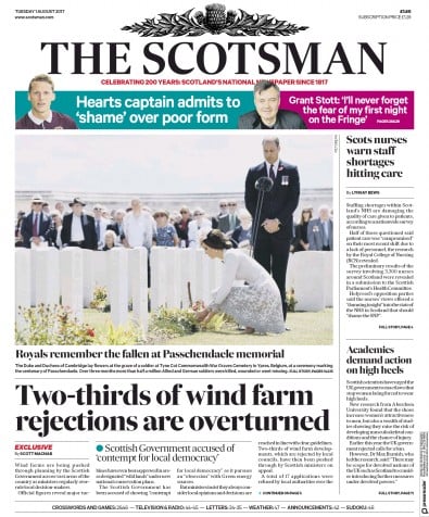 The Scotsman Newspaper Front Page for 1 August 2017