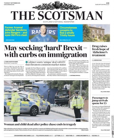 The Scotsman (UK) Newspaper Front Page for 1 September 2016