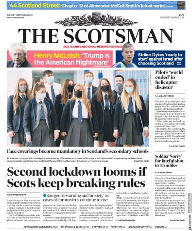The Scotsman Newspaper Front Page for 1 September 2020