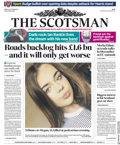 The Scotsman Newspaper Front Page for 20 October 2017