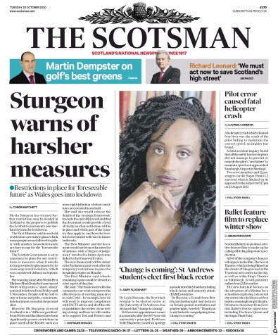 The Scotsman Newspaper Front Page for 20 October 2020