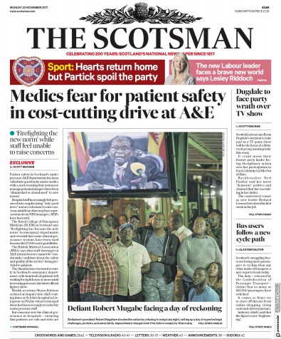 The Scotsman Newspaper Front Page for 20 November 2017