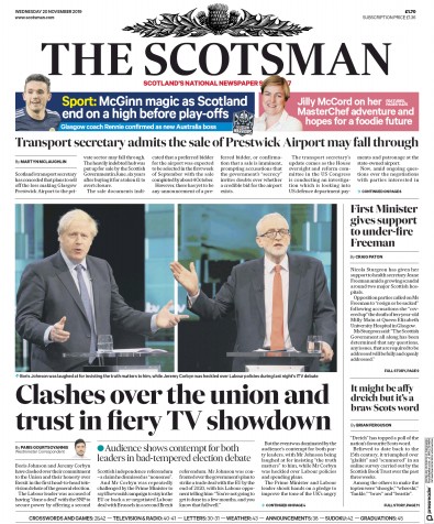 The Scotsman (UK) Newspaper Front Page for 20 November 2019