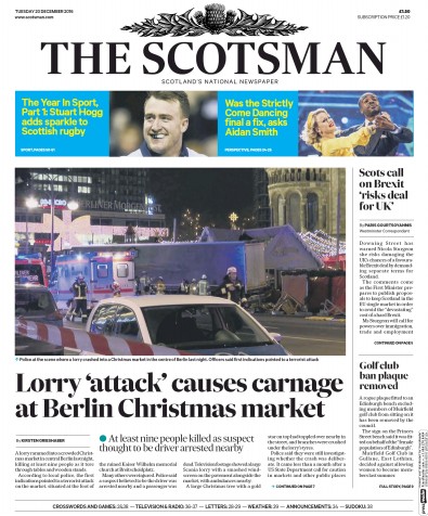 The Scotsman Newspaper Front Page for 20 December 2016