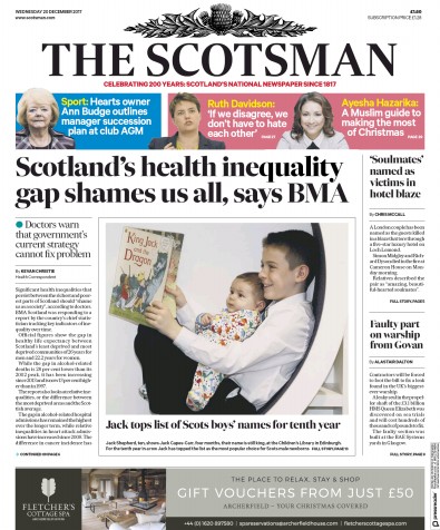 The Scotsman Newspaper Front Page for 20 December 2017