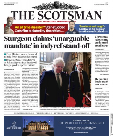 The Scotsman Newspaper Front Page for 20 December 2019